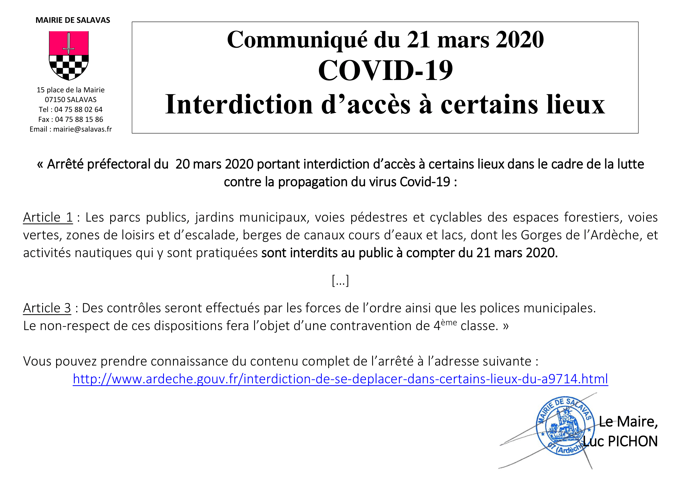 Communiqué 21 mars 2020 Covid 19 Interdiction accès à certains lieux 1